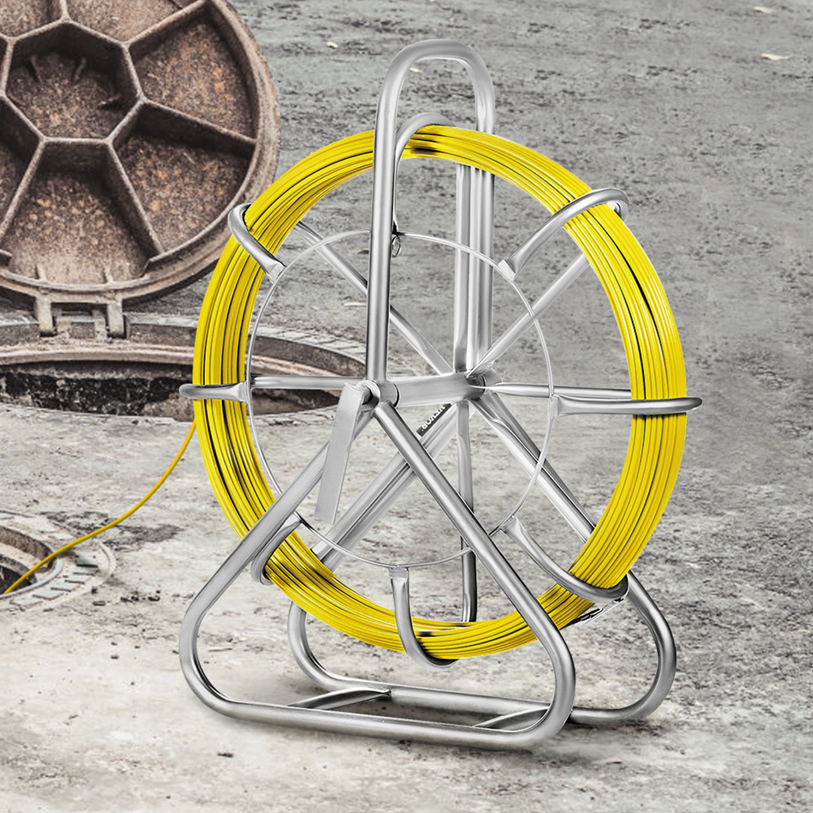 VEVOR Fish Tape Cabling Rods 6MMX130M Duct Rodder Fish Tape Continuous Fiberglass Electrical Cable Threader Running Puller Hand-Operated Draw Wire Retractable Threader + Cage Wheel Stand