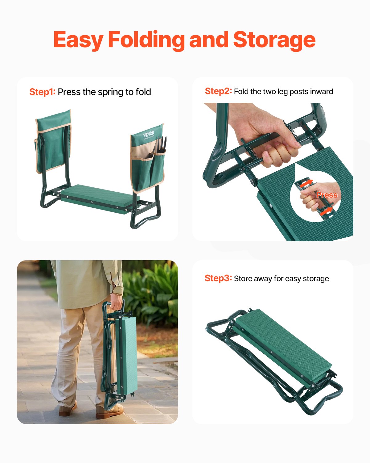 VEVOR Garden Kneeler and Seat, 6 in Wide Kneeling Pad, Heavy Duty Garden Kneeling Stool, Folding Garden Seat with 2 Tool Bags, Relieve Knee & Back Pain, Portable Garden Bench for Women Grandparents