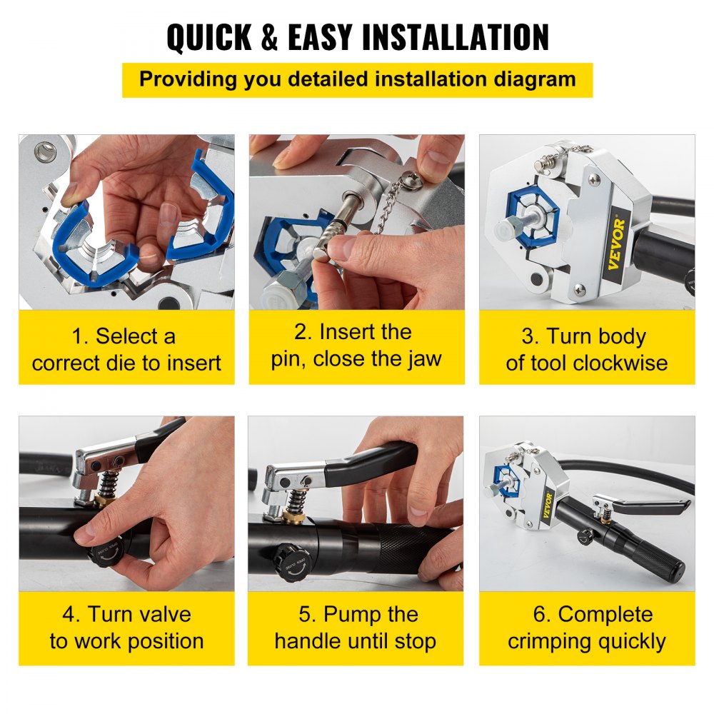 VEVOR hydraulic hose crimper installation steps: select die, insert pin, turn tool, pump handle.