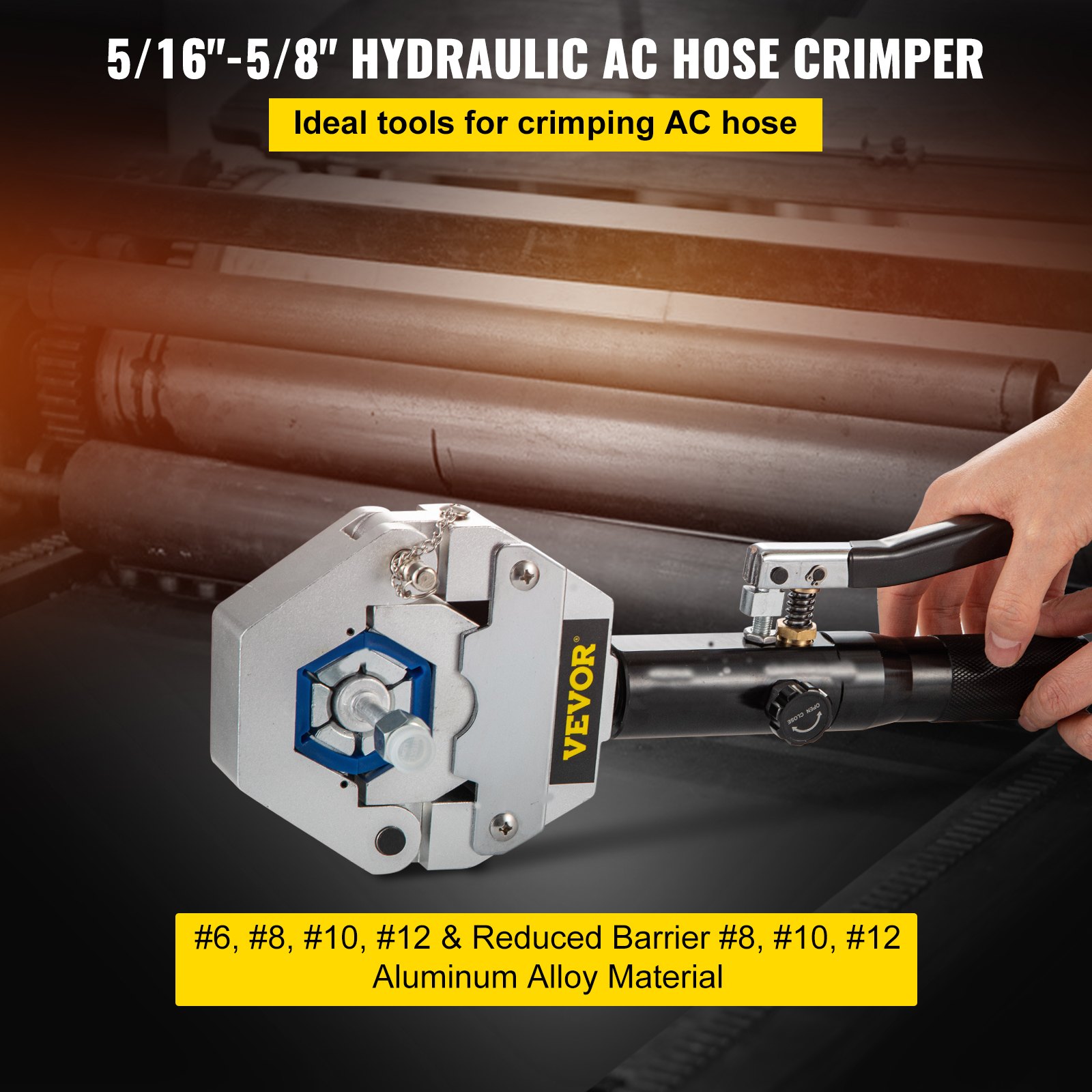 VEVOR hydraulic hose crimper in use, ideal for crimping ac hoses and includes various sizes.