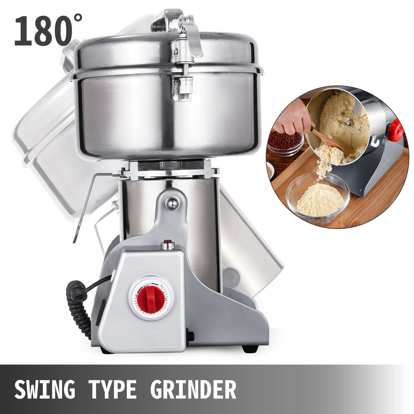 VEVOR 750g Electric Grain Grinder Mill Open-Cover-Stop Flour Powder Mill Grinder Pulverrizer High Speed Superfine Grain Mill Spice/Herb/Coffee/Nut/Powder Overload Protection Stainless Steel