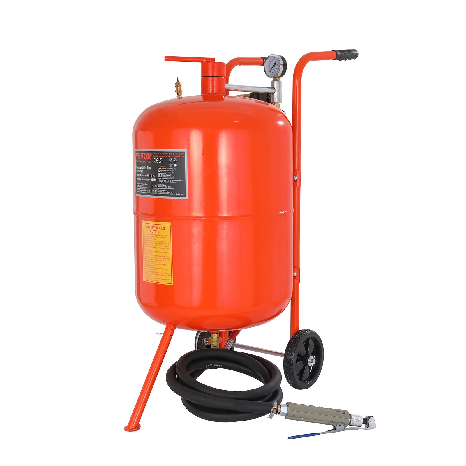 VEVOR Sandblaster Sandblasting Pot 75 Liter/16.5 Gallon Mobile Sand Blasting Machine Heavy Duty Steel Abrasive Sand Blaster with Sand Blasting Gun 2 Rubber Wheels for Body Paint