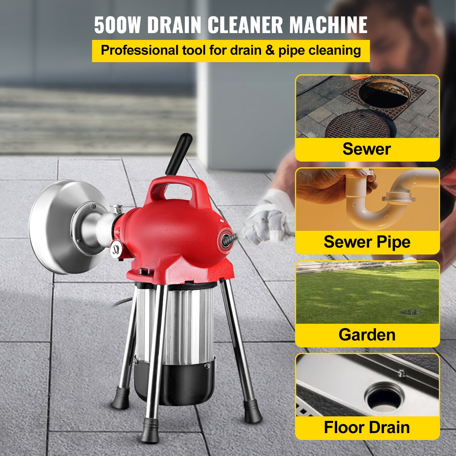 Drain Cleaning Machine 500 Watt Sectional Drain Cleaner 75' x 5/8" Spring Cable