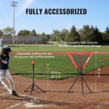 VEVOR 7x7 ft Baseball Softball Plasă de antrenament, plasă portabilă de antrenament de baseball pentru lovire, prindere, lansare, echipament de baseball cu cadru de arc, geantă de transport, zonă de lovitură, minge, tee, colector de mingi