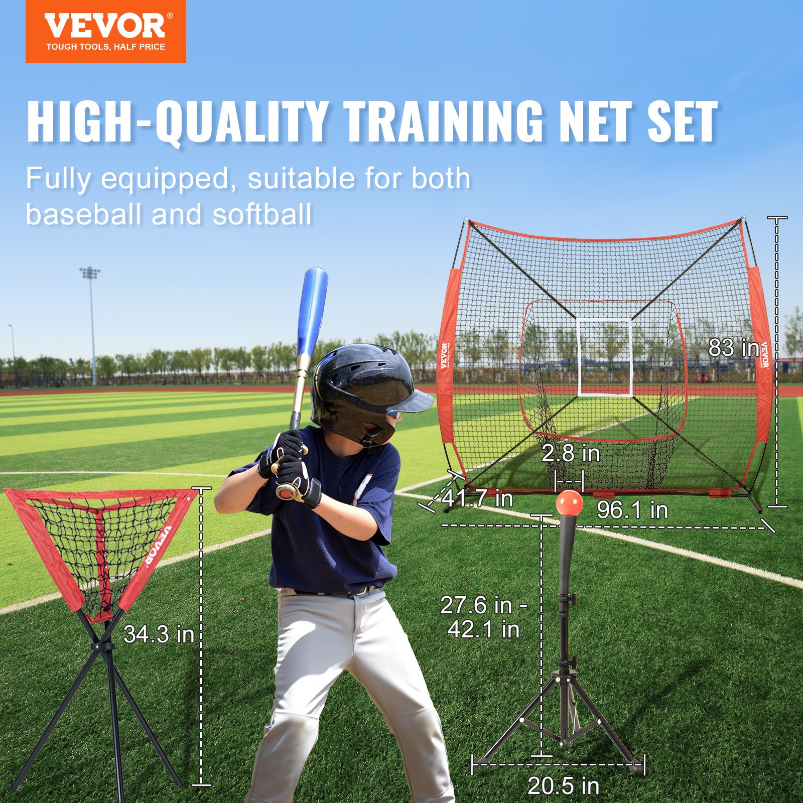 VEVOR 7x7 ft Baseball Softball Practice Net, Portable Baseball Training Net for Hitting Catching Pitching, Backstop Baseball Equipment with Bow Frame, Carry Bag, Strike Zone, Ball, Tee, Ball Collector