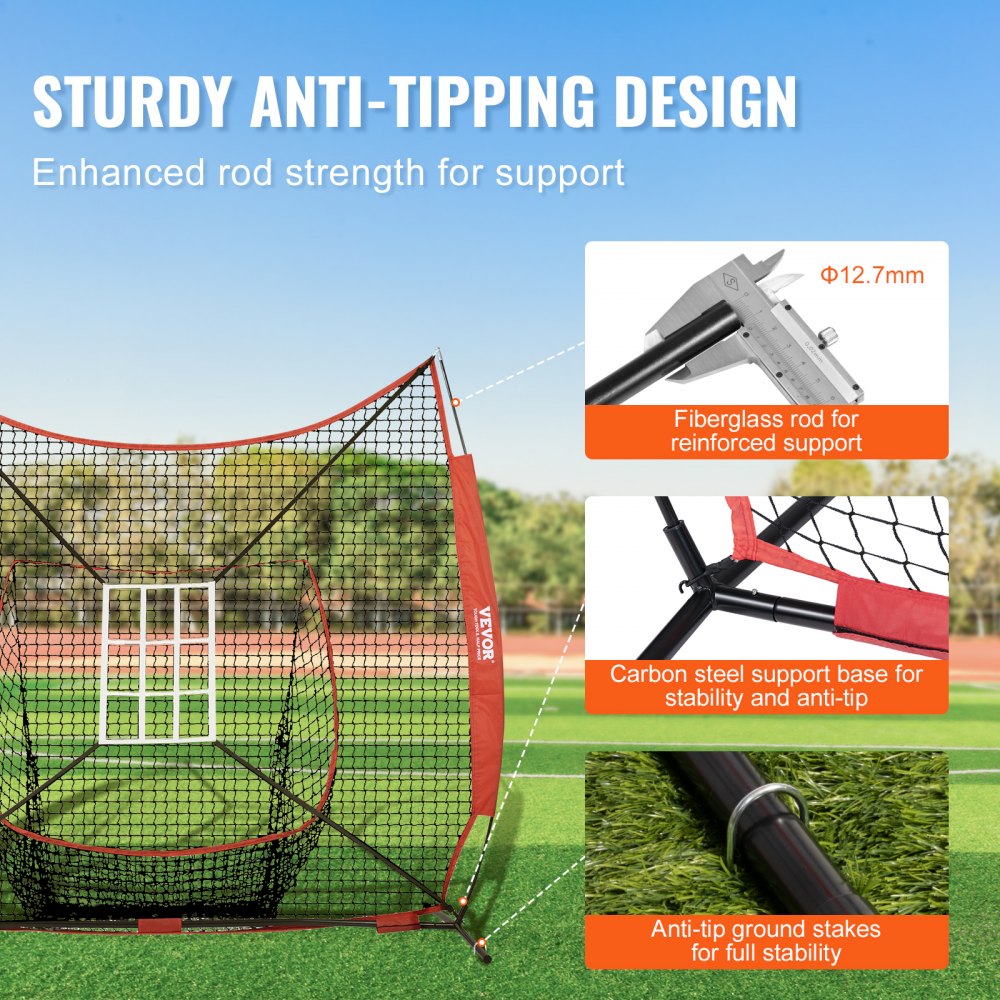 VEVOR 7x7 ft Baseball Softball Practice Net, Portable Baseball Training Net for Hitting Catching Pitching, Backstop Equipment with Bow Frame, Carry Bag, Strike Zone, 12 Balls, Tee, and Ball Collector