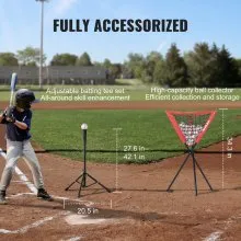 VEVOR 7x7 ft Baseball Softball Practice Net, Portable Baseball Training Net for Hitting Catching Pitching, Backstop Equipment with Bow Frame, Carry Bag, Strike Zone, 12 Balls, Tee, and Ball Collector