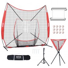 VEVOR 7x7 ft Baseball Softball Practice Net, Portable Baseball Training Net for Hitting Catching Pitching, Backstop Equipment with Bow Frame, Carry Bag, Strike Zone, 12 Balls, Tee, and Ball Collector