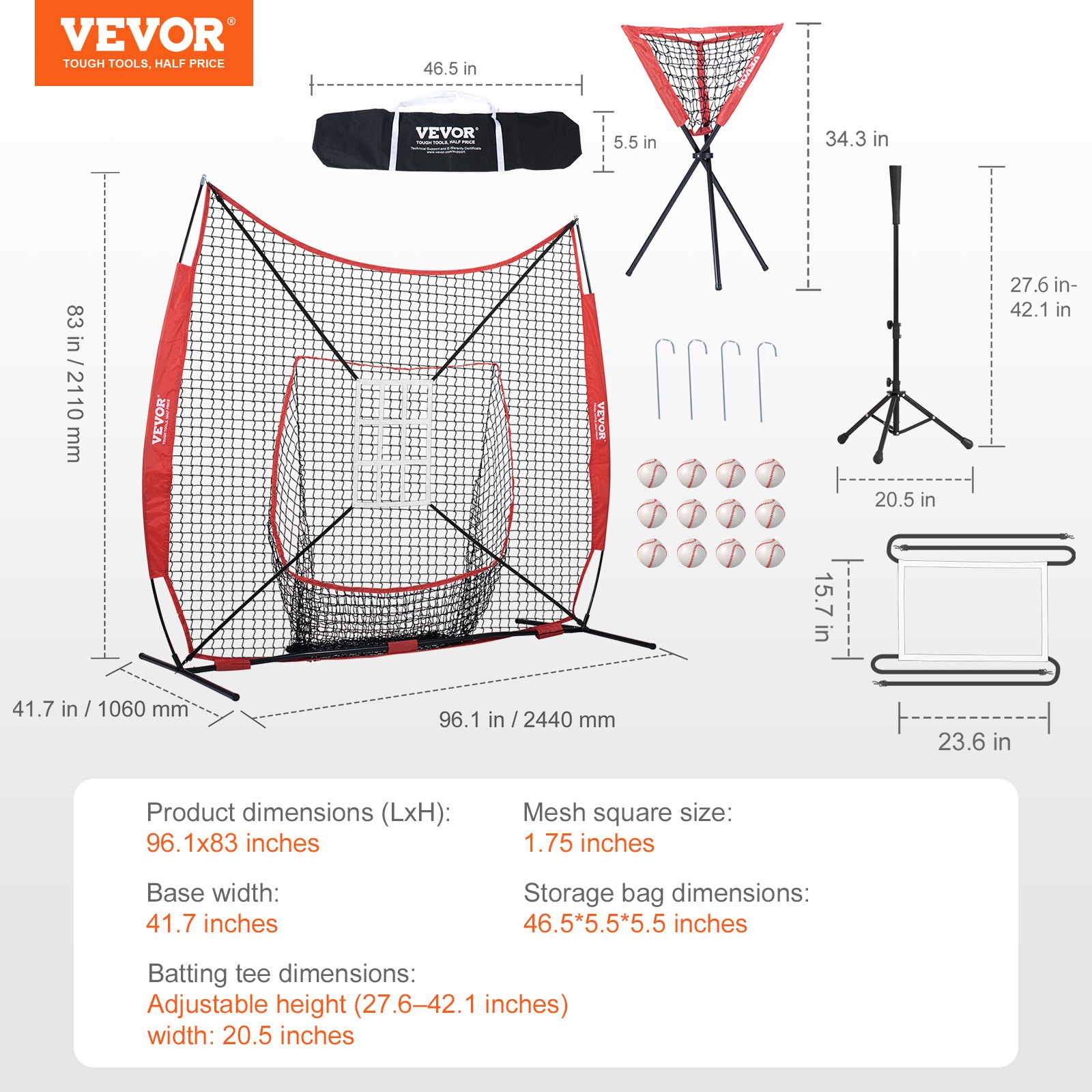VEVOR 7x7 ft Baseball Softball Practice Net, Portable Baseball Training Net for Hitting Catching Pitching, Backstop Equipment with Bow Frame, Carry Bag, Strike Zone, 12 Balls, Tee, and Ball Collector