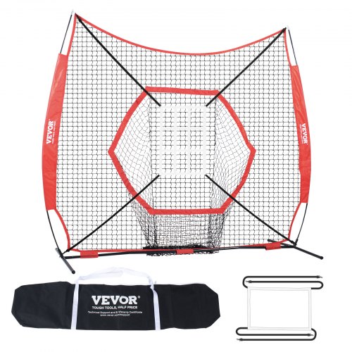 VEVOR 7x7 ft Baseball Softball Practice Net, Portable Baseball Training Net for Hitting Batting Catching Pitching, Backstop Baseball Equipment Training Aids with Bow Frame, Carry Bag, and Strike Zone