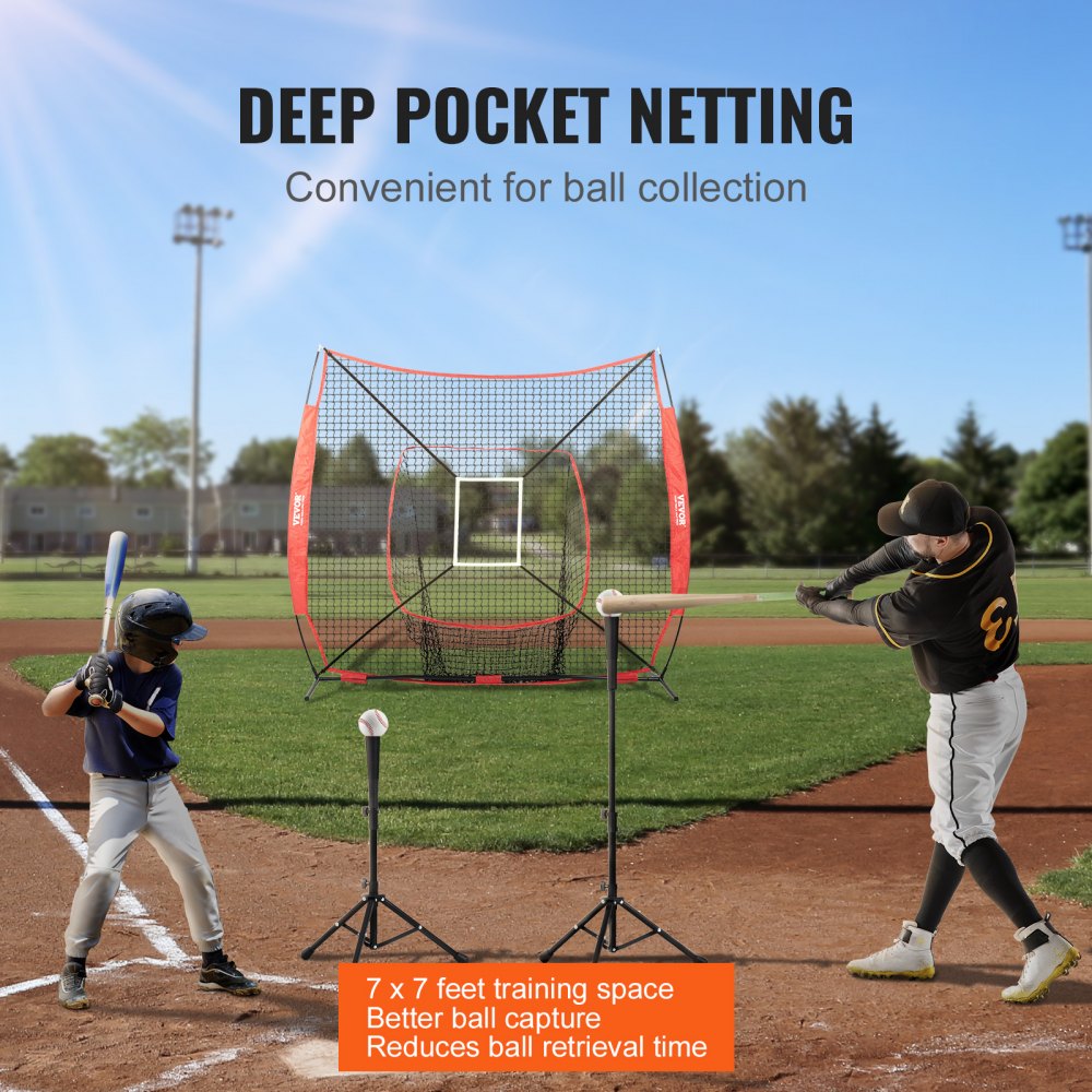 VEVOR 7x7 ft Baseball Softball Practice Net, Portable Baseball Training Net for Hitting Batting Catching Pitching, Backstop Baseball Equipment Training Aids with Strike Zone (Net Only)