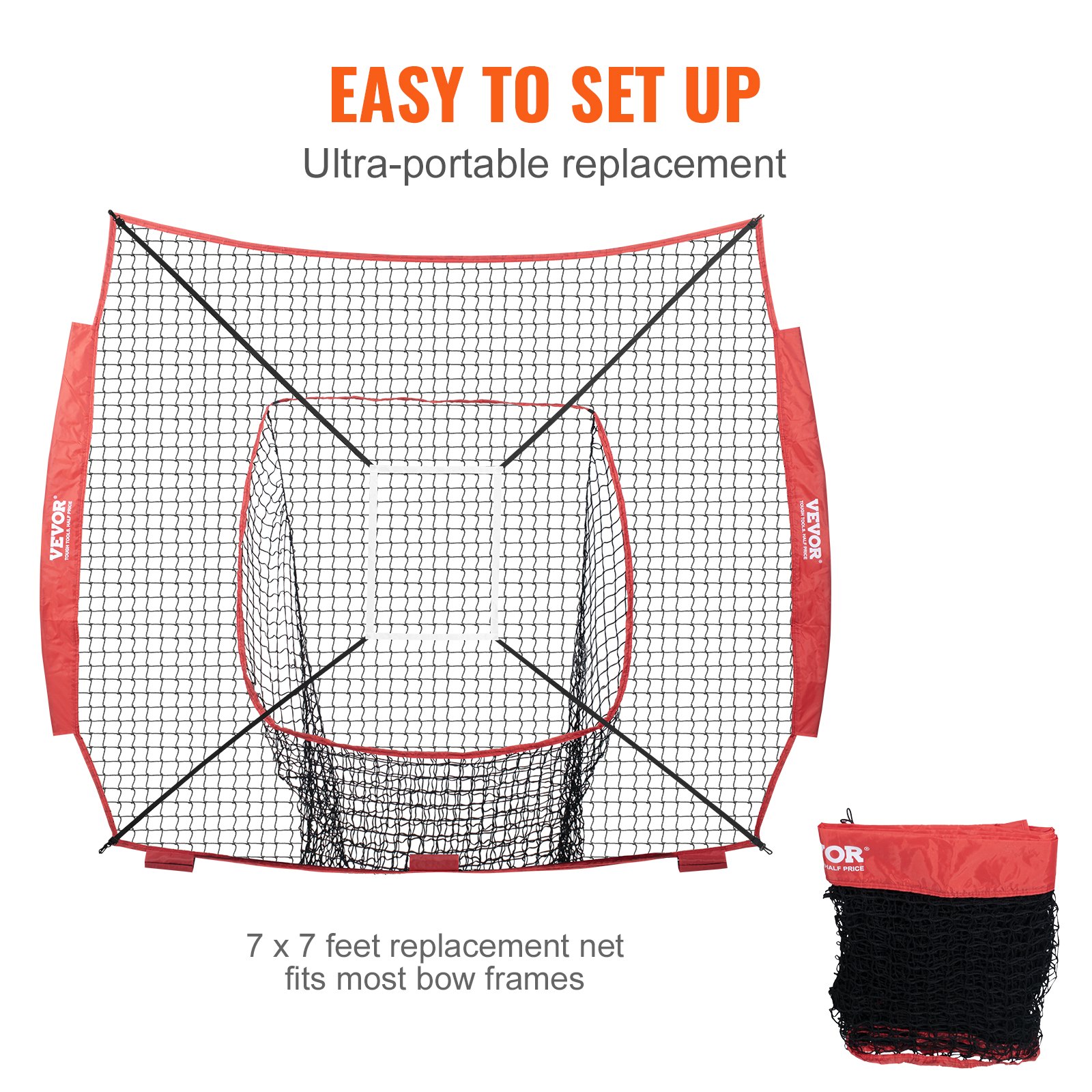 VEVOR 7x7 ft Baseball Softball Practice Net, Portable Baseball Training Net for Hitting Batting Catching Pitching, Backstop Baseball Equipment Training Aids with Strike Zone (Net Only)