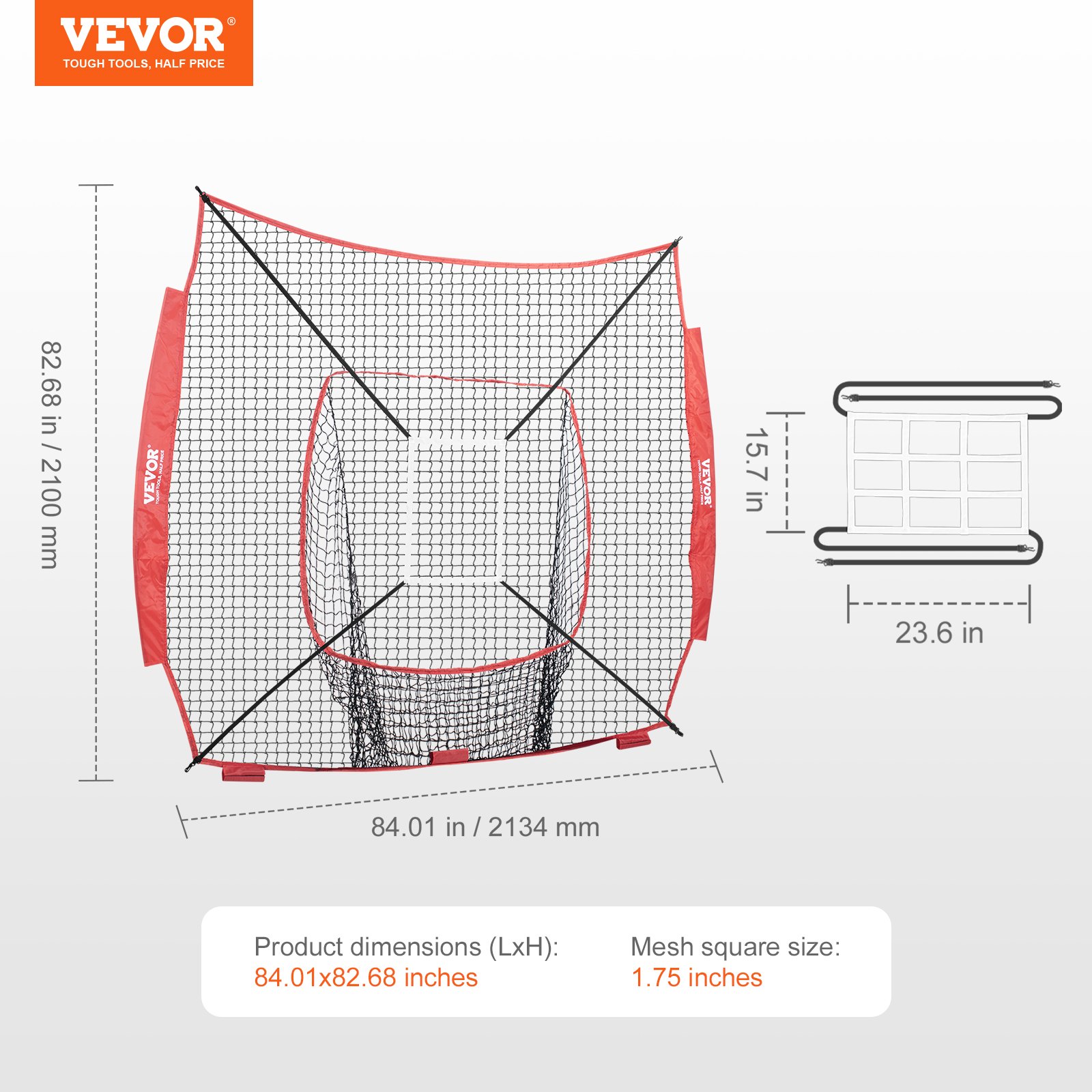 VEVOR 7x7 ft Baseball Softball Practice Net, Portable Baseball Training Net for Hitting Batting Catching Pitching, Backstop Baseball Equipment Training Aids with Strike Zone (Net Only)