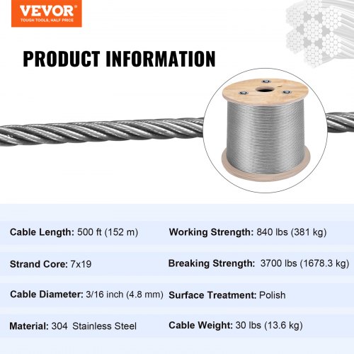 VEVOR 3/16 Inch 7x19 Stainless Steel Aircraft Cable Reel 500FT Stainless Steel Cable T304 Wire Rope Winch Cable Replacement (T304)