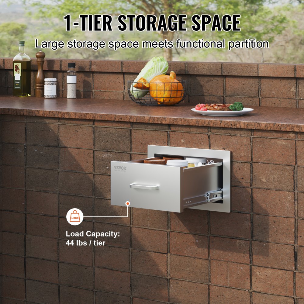 VEVOR 14x8.5 Inch Outdoor Kitchen Drawers Stainless Steel, Flush Mount Double Drawers,14W x 8.5H x 23D Inch, with Stainless Steel Handle, BBQ Drawers for Outdoor Kitchens or BBQ Island