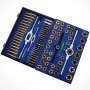 VEVOR tap and die set in blue case with assorted taps, dies, and tool accessories.
