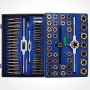 VEVOR tap and die set in a blue case with various taps and dies organized neatly.