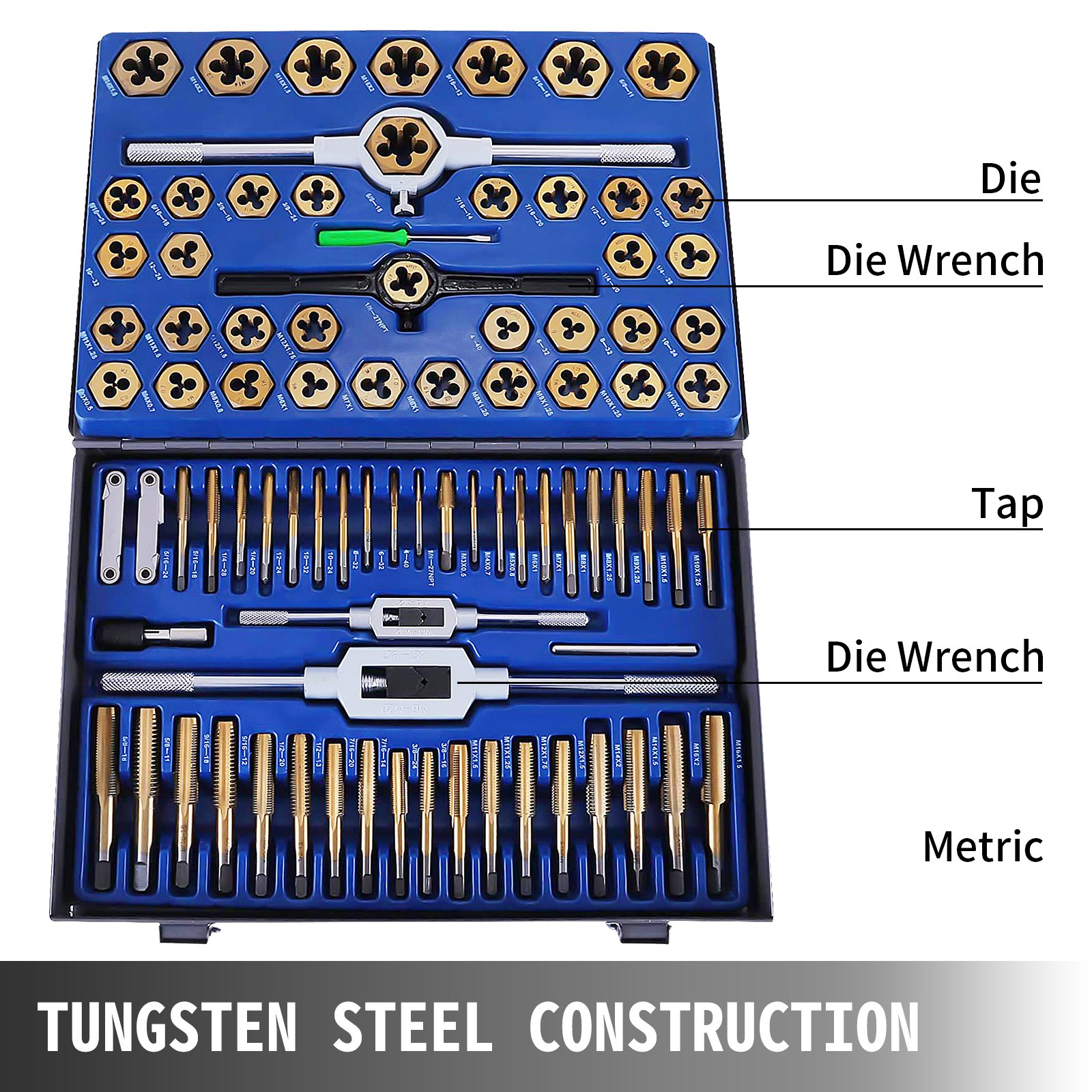 VEVOR tap and die set with metric taps, dies, and die wrenches in a blue case.