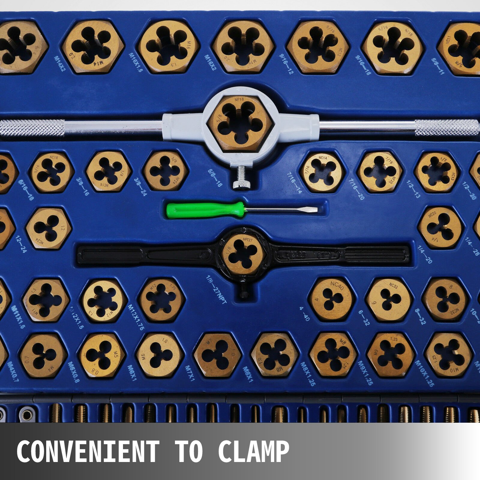VEVOR tap and die set with various hexagonal dies and handle tools in a blue case.