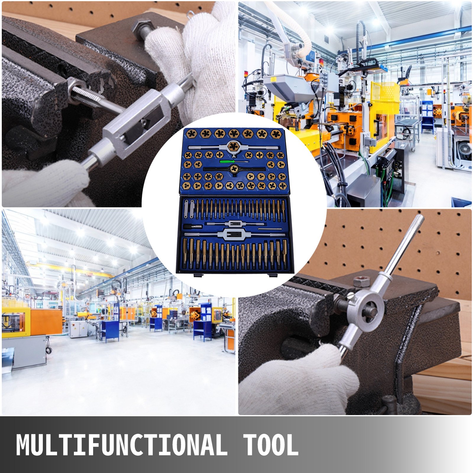 VEVOR tap and die set in use with close-up views and a bright manufacturing facility.