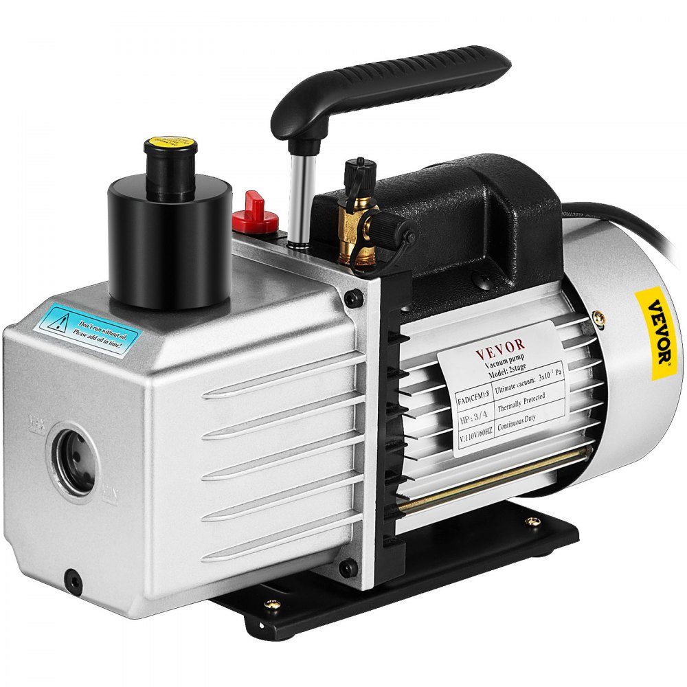 VEVOR vacuum pump with black handle and silver body on white background.