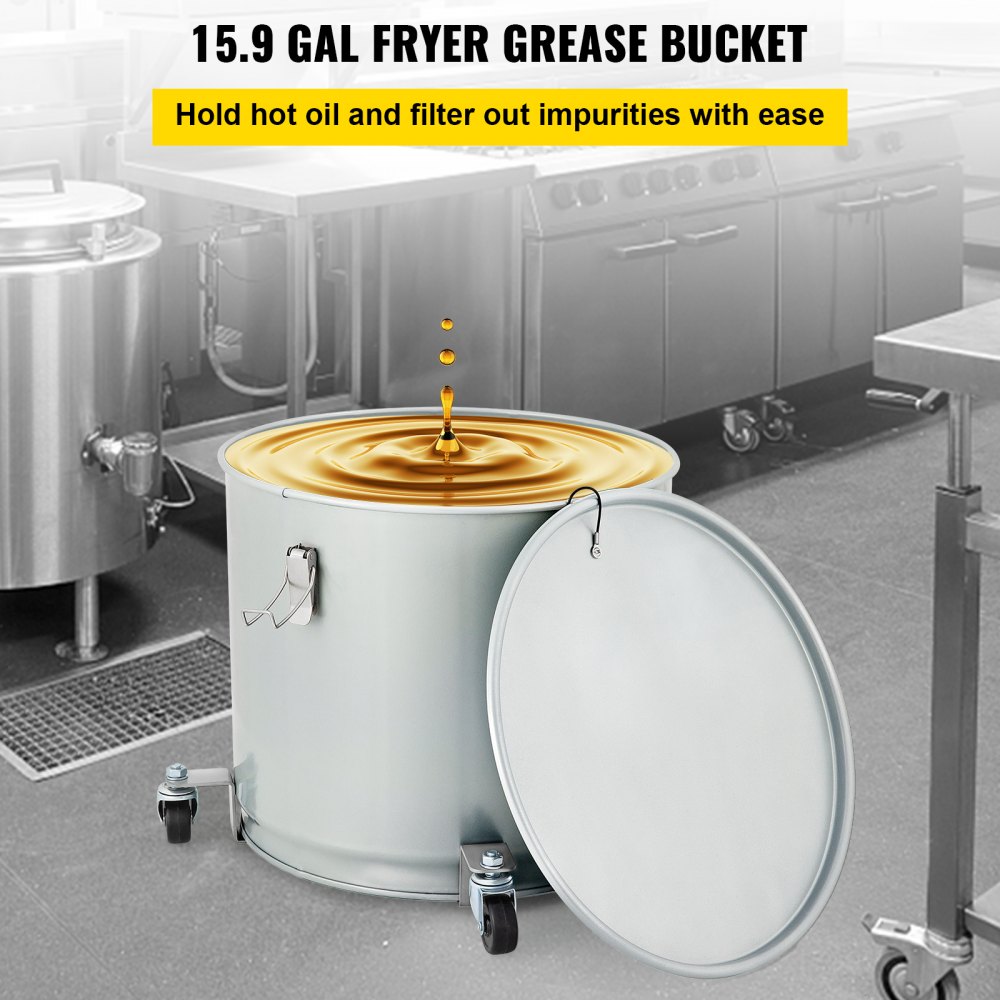 VEVOR Cubo de grasa para freidora, 15,9 gal/60 L, recipiente de filtro de aceite de acero al carbono recubierto con base de rueda, carrito de eliminación de aceite con capacidad de 123 libras, contenedor de transporte con clip de bloqueo de tapa, bolsa de filtro de nailon, plateado