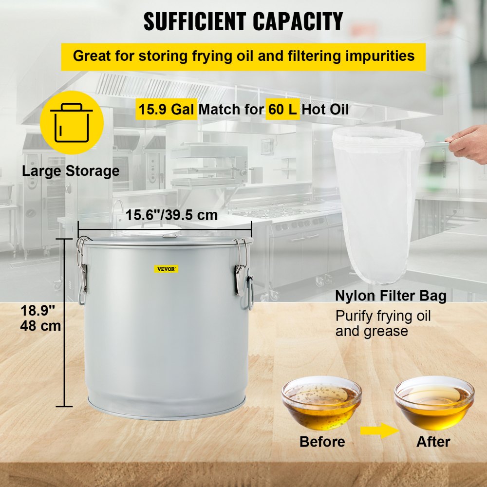 VEVOR Cubo de grasa para freidora, 15,9 gal/60 L, recipiente de filtro de aceite de acero al carbono recubierto con base de rueda, carrito de eliminación de aceite con capacidad de 123 libras, contenedor de transporte con clip de bloqueo de tapa, bolsa de filtro de nailon, plateado