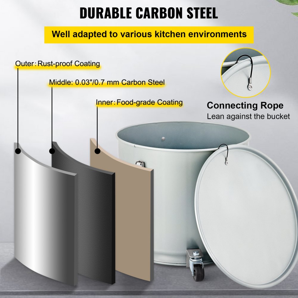 VEVOR Cubo de grasa para freidora, 15,9 gal/60 L, recipiente de filtro de aceite de acero al carbono recubierto con base de rueda, carrito de eliminación de aceite con capacidad de 123 libras, contenedor de transporte con clip de bloqueo de tapa, bolsa de filtro de nailon, plateado