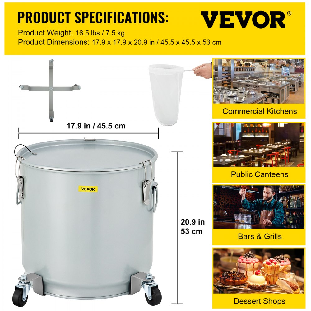 VEVOR Cubo de grasa para freidora, 15,9 gal/60 L, recipiente de filtro de aceite de acero al carbono recubierto con base de rueda, carrito de eliminación de aceite con capacidad de 123 libras, contenedor de transporte con clip de bloqueo de tapa, bolsa de filtro de nailon, plateado