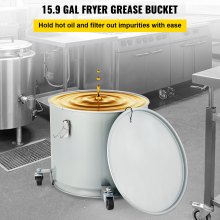 VEVOR Fryer Grease Bucket, 15.9 Gal/60 L, Coated Carbon Steel Oil Filter Pot with Caster Base, Oil Disposal Caddy with 123 LBS Capacity, Transport Container with Lid Lock Clip Nylon Filter Bag, Silver