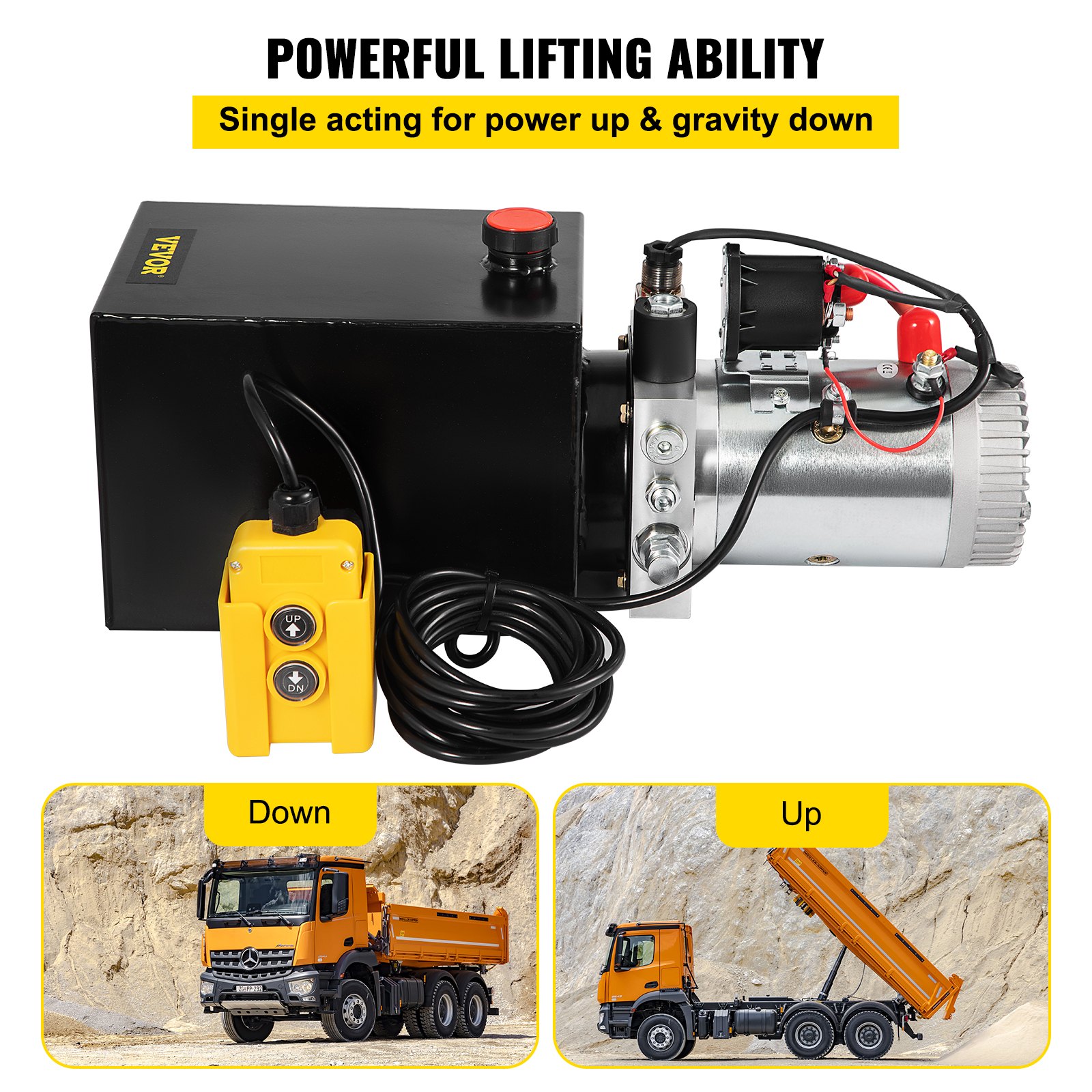 VEVOR Hydraulic Power Unit 8 Quart Hydraulic Pump Dump Truck Single Acting Hydraulic Power Unit Hydraulic Dump Trailer Pump 12V DC (Steel, 8 Quart/Single Acting)