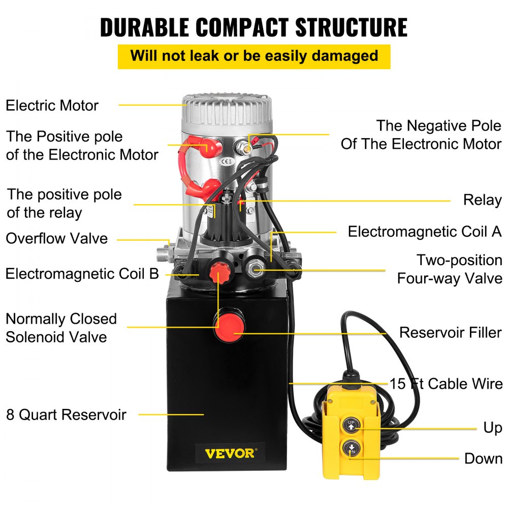 VEVOR Hydraulic Power Unit 8 Quart Hydraulic Pump Double Acting Hydraulic Power 12V DC with Metal Oil Reservoir Hydraulic Pump Power Unit for Dump Trailer Car Lifting