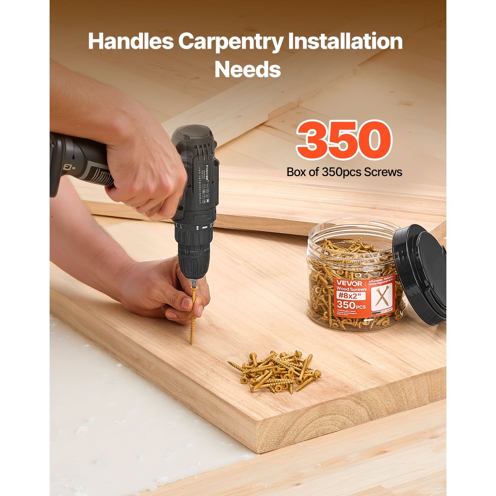 VEVOR Wood Screws 350 PCS, #8 x 2-Inch Anti-Rust Coated, Exterior Deck Screw Torx/T25 Star Drive, Metal Rust-Resistant Outdoor Decking Screws with 2 Screw Connectors, for Decking Fencing Framing