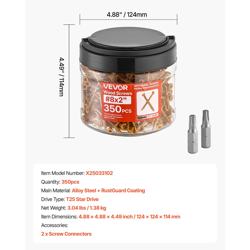VEVOR Wood Screws 350 PCS, #8 x 2-Inch Anti-Rust Coated, Exterior Deck Screw Torx/T25 Star Drive, Metal Rust-Resistant Outdoor Decking Screws with 2 Screw Connectors, for Decking Fencing Framing