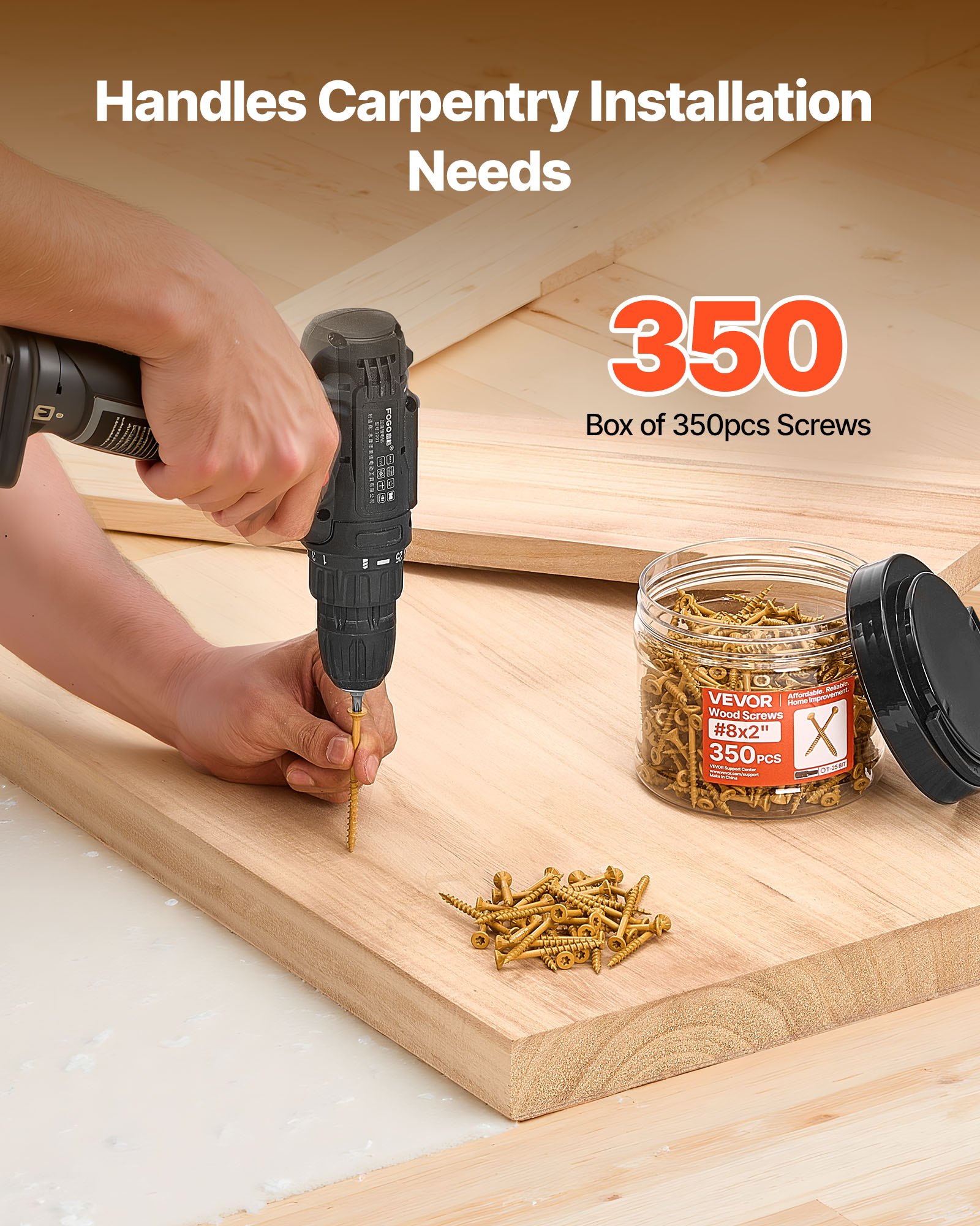 VEVOR Wood Screws 350 PCS, #8 x 2-Inch Anti-Rust Coated, Exterior Deck Screw Torx/T25 Star Drive, Metal Rust-Resistant Outdoor Decking Screws with 2 Screw Connectors, for Decking Fencing Framing