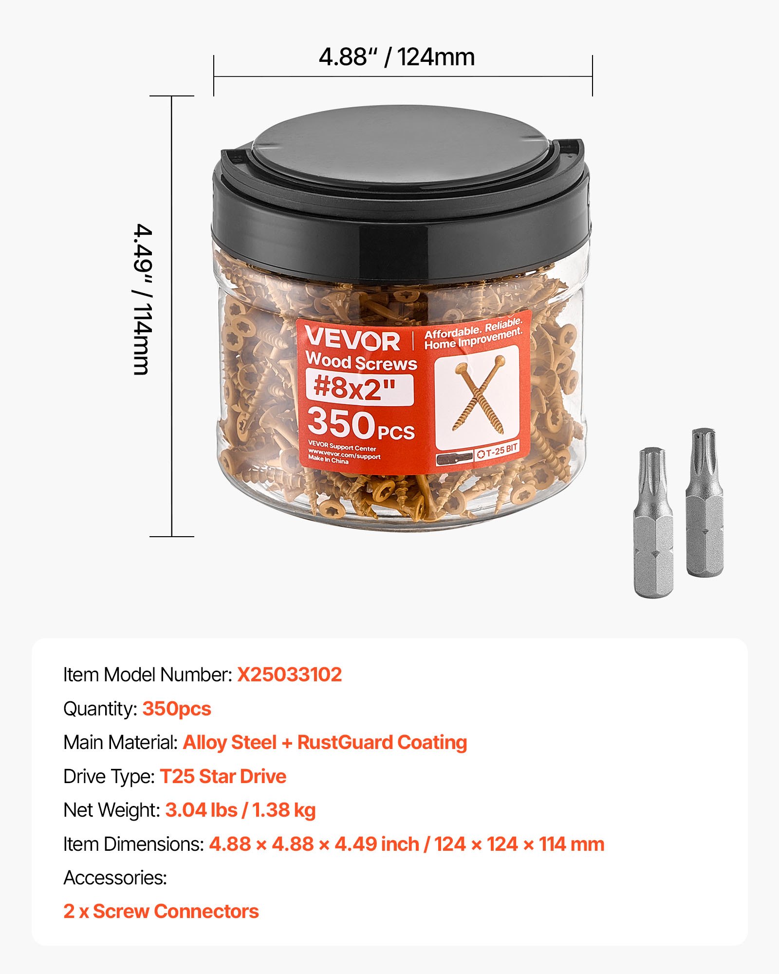 VEVOR Wood Screws 350 PCS, #8 x 2-Inch Anti-Rust Coated, Exterior Deck Screw Torx/T25 Star Drive, Metal Rust-Resistant Outdoor Decking Screws with 2 Screw Connectors, for Decking Fencing Framing