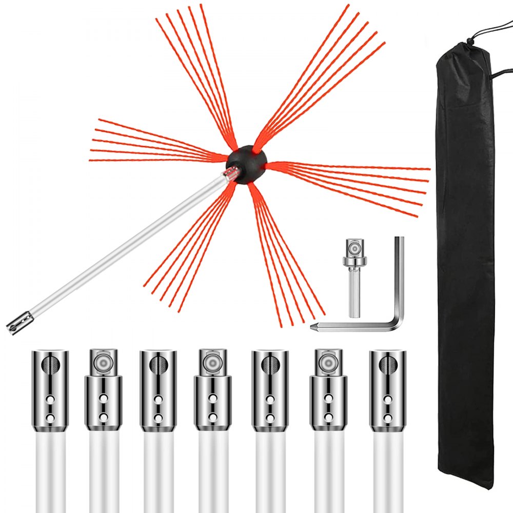 VEVOR chimney sweep kit with nylon rods, bristle head, hex key, adapter, and black bag.