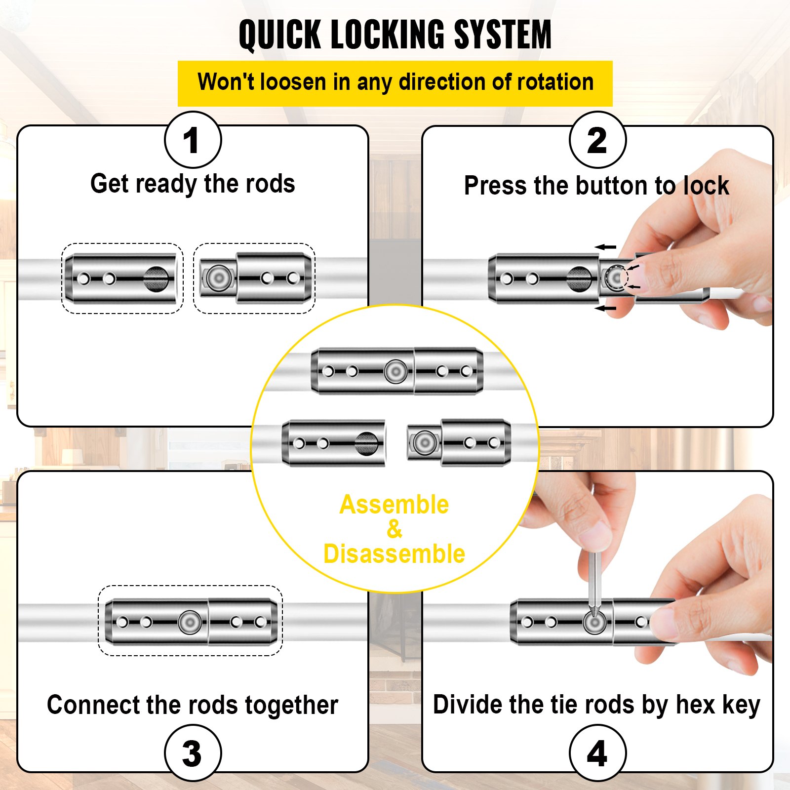 quick locking system for VEVOR chimney sweep kit: assemble, lock, connect, and disassemble.