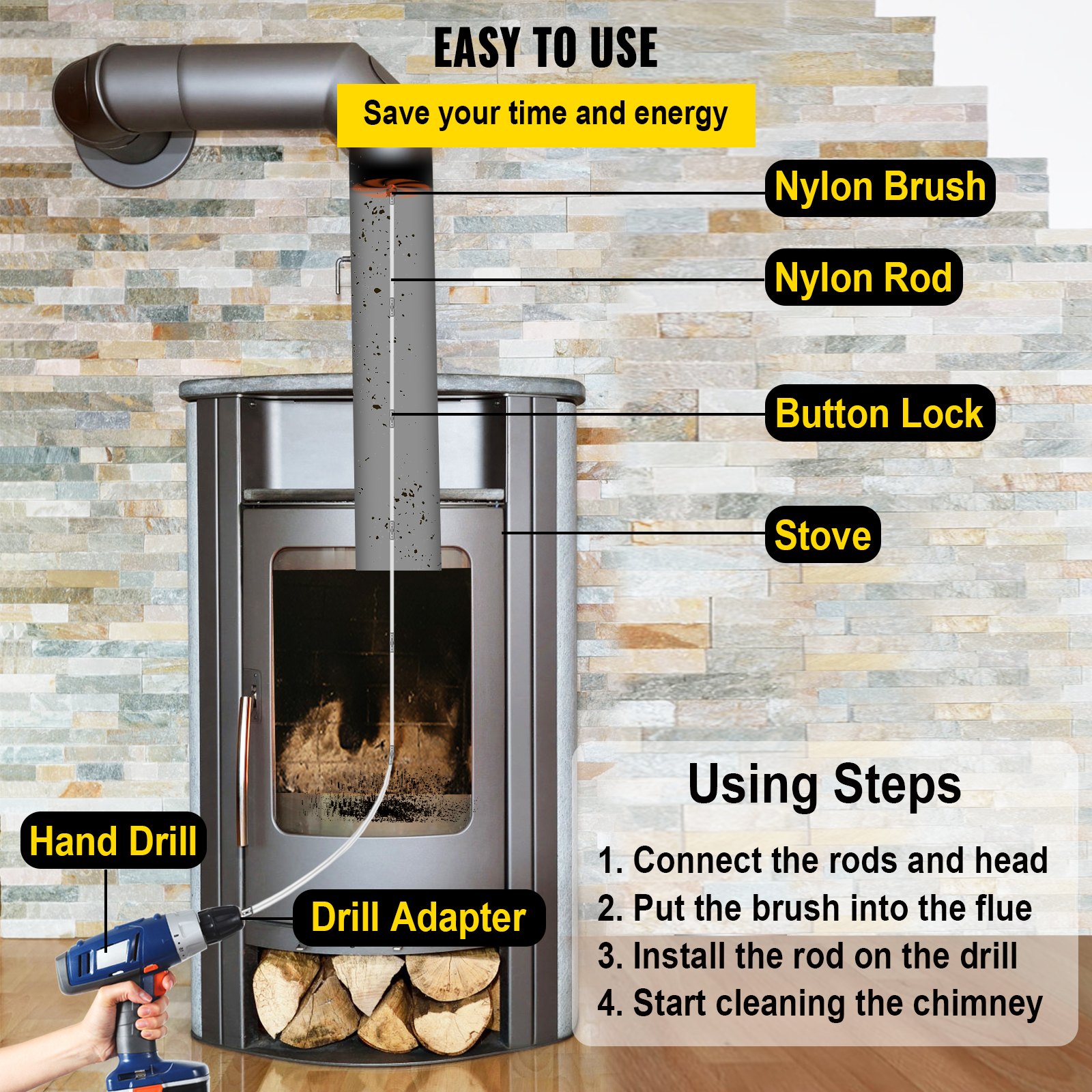 VEVOR chimney sweep kit: easy setup with drill, nylon rod, brush, button lock, and stove.