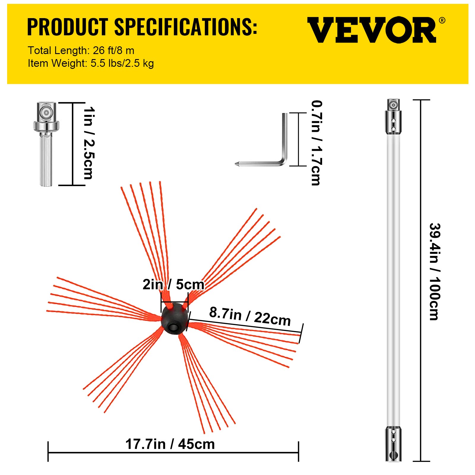 VEVOR chimney sweep kit product dimensions and components in yellow background.