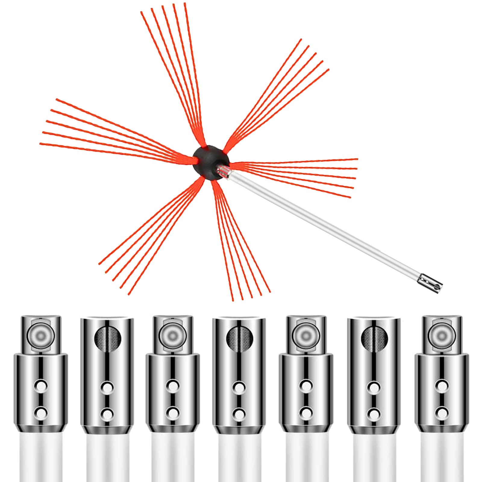 VEVOR chimney sweep kit with red-bristle head and six stainless steel connectors.