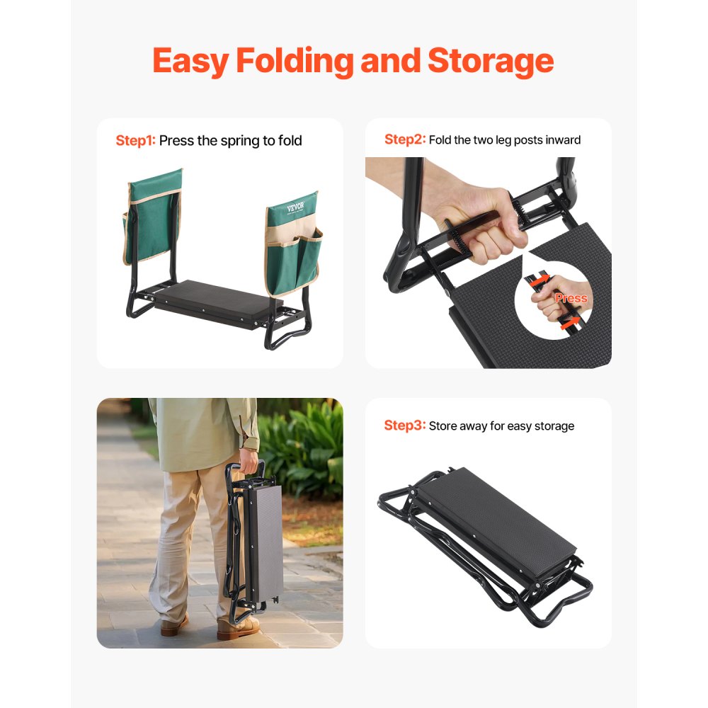 VEVOR Garden Kneeler and Seat, 8 in Wide Kneeling Pad, Heavy Duty Garden Kneeling Stool, Folding Garden Seat with 2 Tool Bags, Relieve Knee & Back Pain, Portable Garden Bench for Women Grandparents