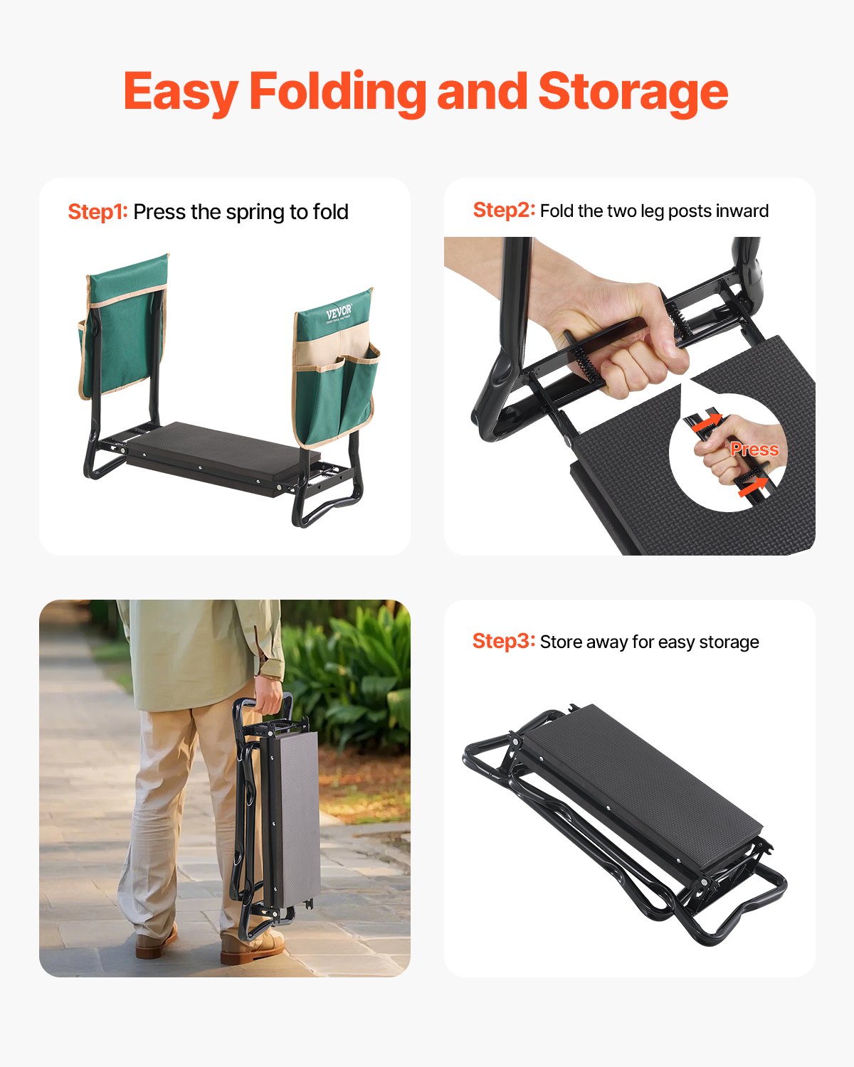 VEVOR Garden Kneeler and Seat, 8 in Wide Kneeling Pad, Heavy Duty Garden Kneeling Stool, Folding Garden Seat with 2 Tool Bags, Relieve Knee & Back Pain, Portable Garden Bench for Women Grandparents