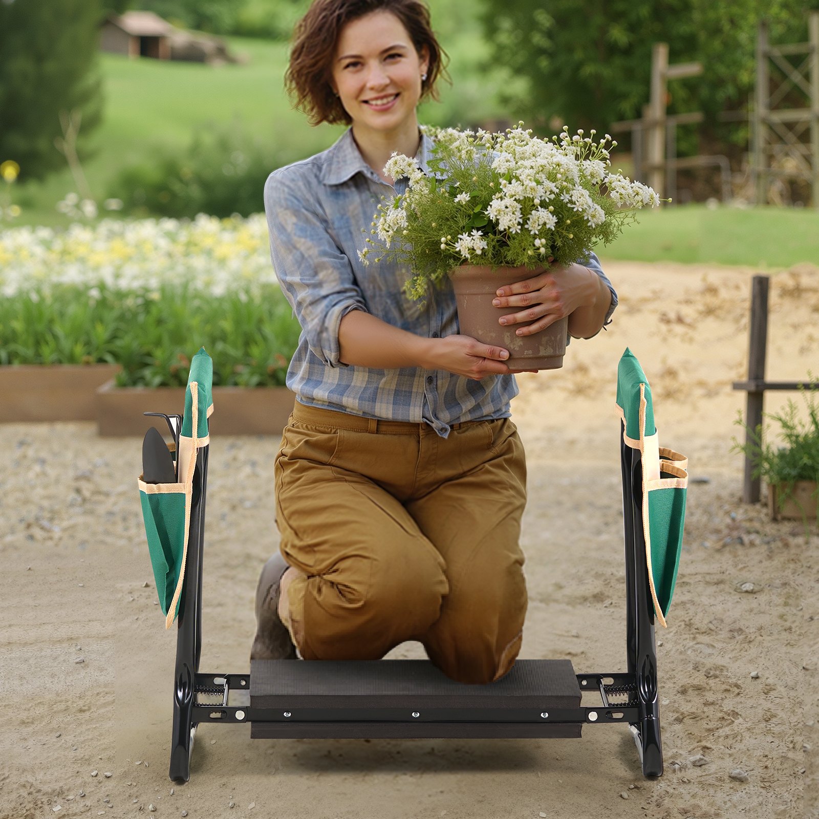 VEVOR Garden Kneeler and Seat, 8 in Wide Kneeling Pad, Heavy Duty Garden Kneeling Stool, Folding Garden Seat with 2 Tool Bags, Relieve Knee & Back Pain, Portable Garden Bench for Women Grandparents