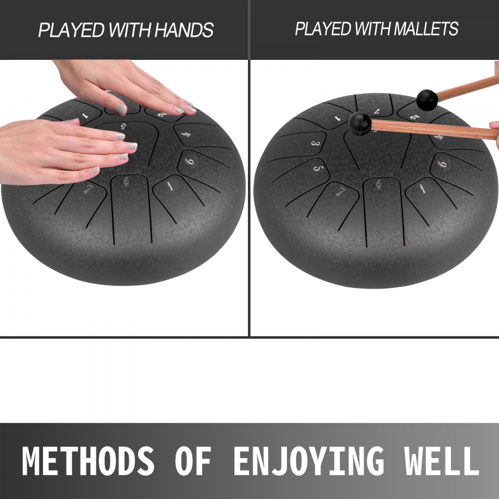 VEVOR Steel Tongue Drum 11 Notes 8 Inches Dia Tongue Drum Black Handpan Drum Notes Percussion Instrument Steel Drums Instruments with Bag, Music Book, Mallets, Mallet Bracket