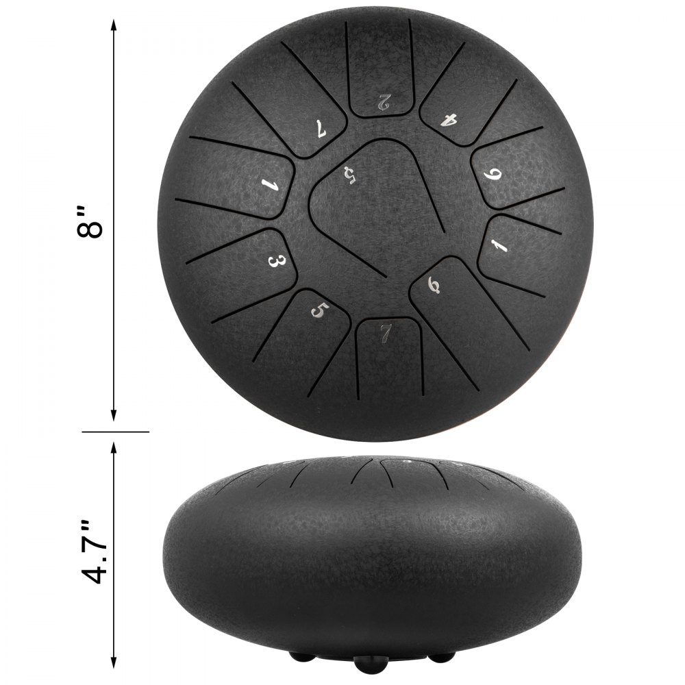 VEVOR Steel Tongue Drum 11 Notes 8 Inches Dia Tongue Drum Black Handpan Drum Notes Percussion Instrument Steel Drums Instruments with Bag, Music Book, Mallets, Mallet Bracket
