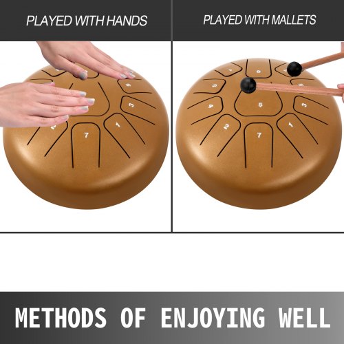 VEVOR Steel Tongue Drum 11 Notes 8 Inches Dia Tongue Drum Gold Handpan Drum Notes Percussion Instrument Steel Drums Instruments with Bag, Music Book, Mallets, Mallet Bracket