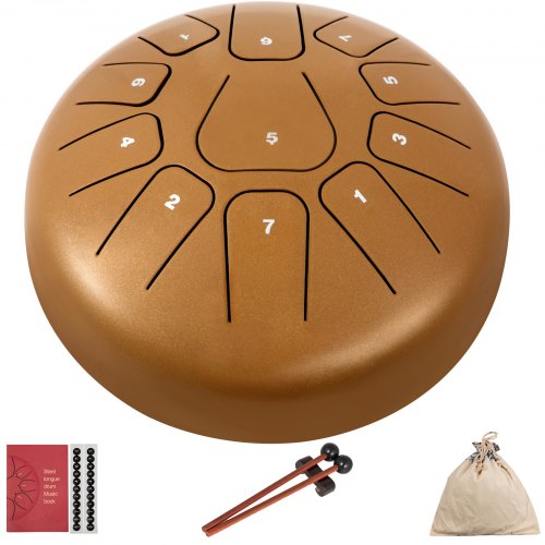 VEVOR Steel Tongue Drum 11 Notes 8 Inches Dia Tongue Drum Gold Handpan Drum Notes Percussion Instrument Steel Drums Instruments with Bag, Music Book, Mallets, Mallet Bracket