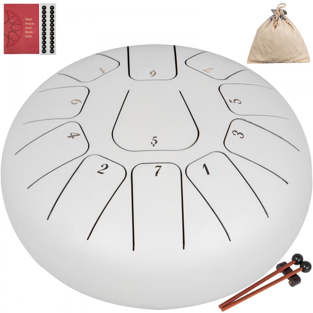 VEVOR Steel Tongue Drum 11 Notes 8 Inches Dia Tongue Drum White Handpan Drum Notes Percussion Instrument Steel Drums Instruments with Bag, Music Book, Mallets, Mallet Bracket