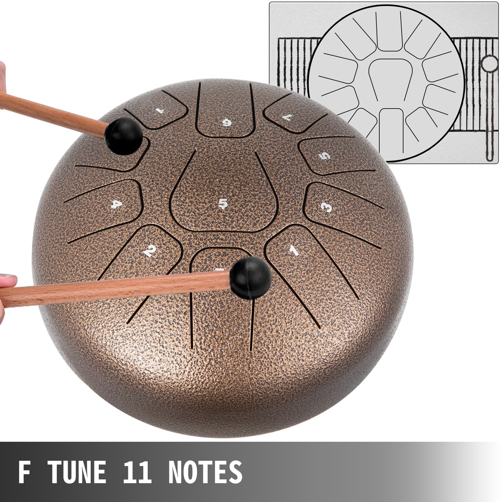 VEVOR Steel Drum 11 Notes Percussion Instrument 8 Inches Tongue Drum, Steel Tongue Drum, Steel Drums Instruments With Bag, Book, Mallets, Mallet Bracket, Hang Pan Drum Instrument, Chestnut
